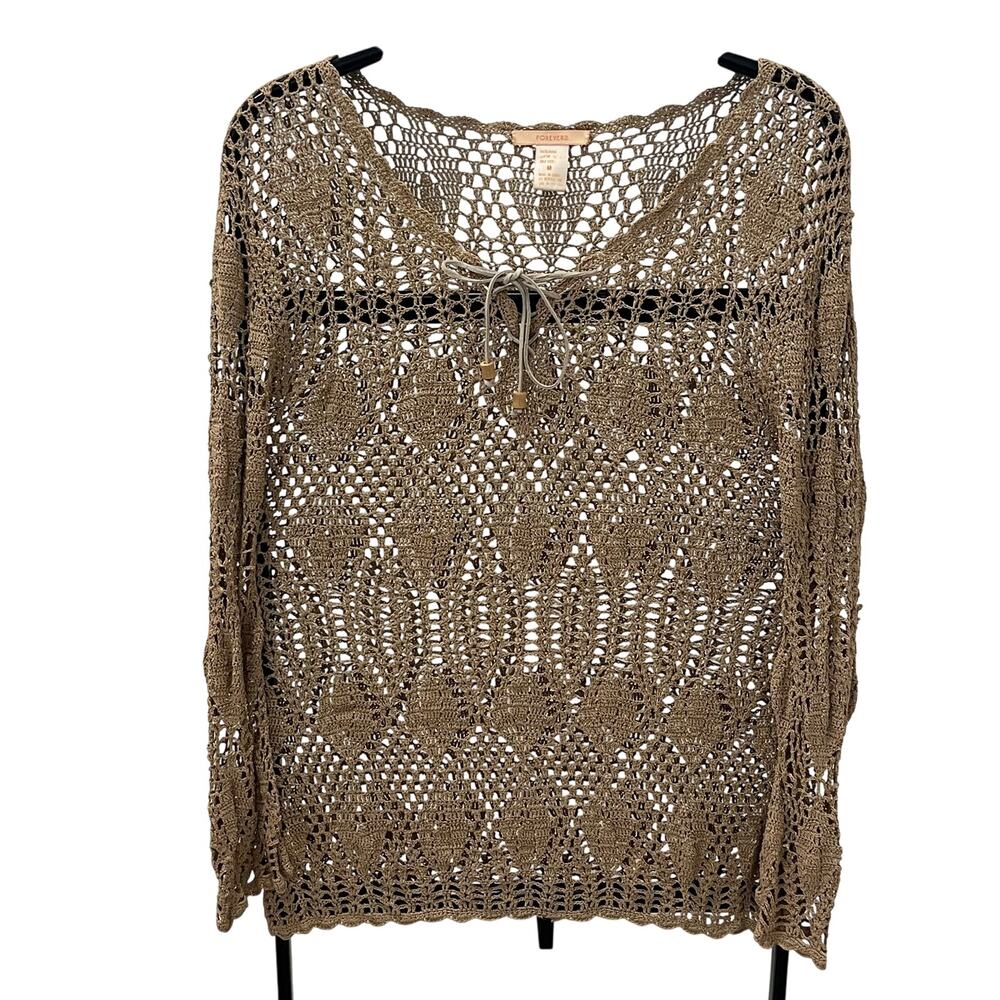 Forever 21 Boho Open Knit Crochet Tan Tunic Suede Tie Up Top - Women’s MD
